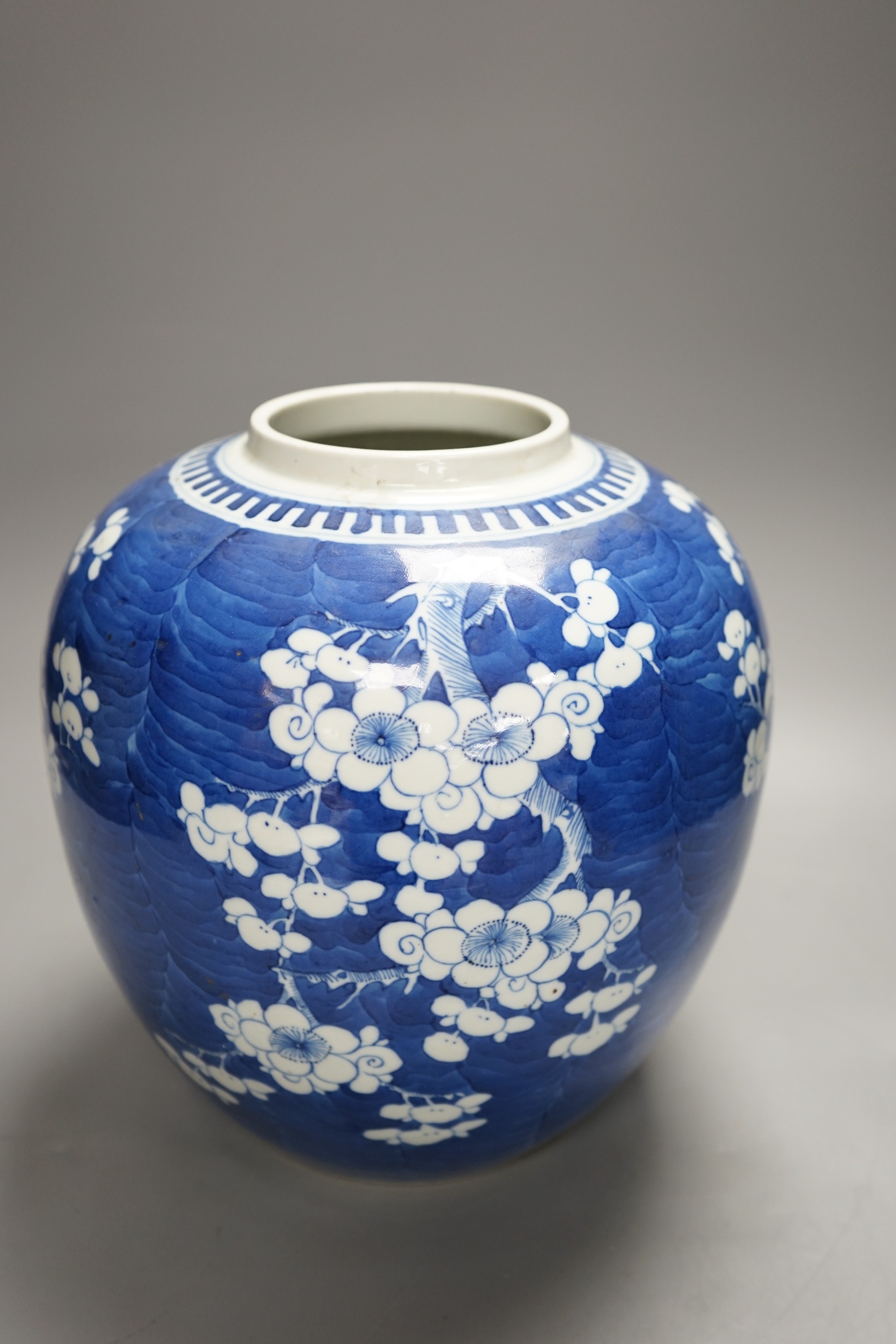 A large Chinese blue and white Prunus jar, 19th century, 27cm